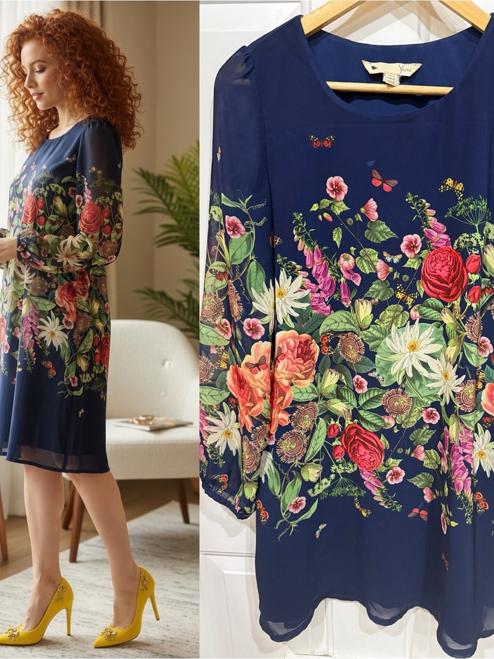 Yumi Navy Floral Butterfly Sheer Sleeve Shift Dress US 8